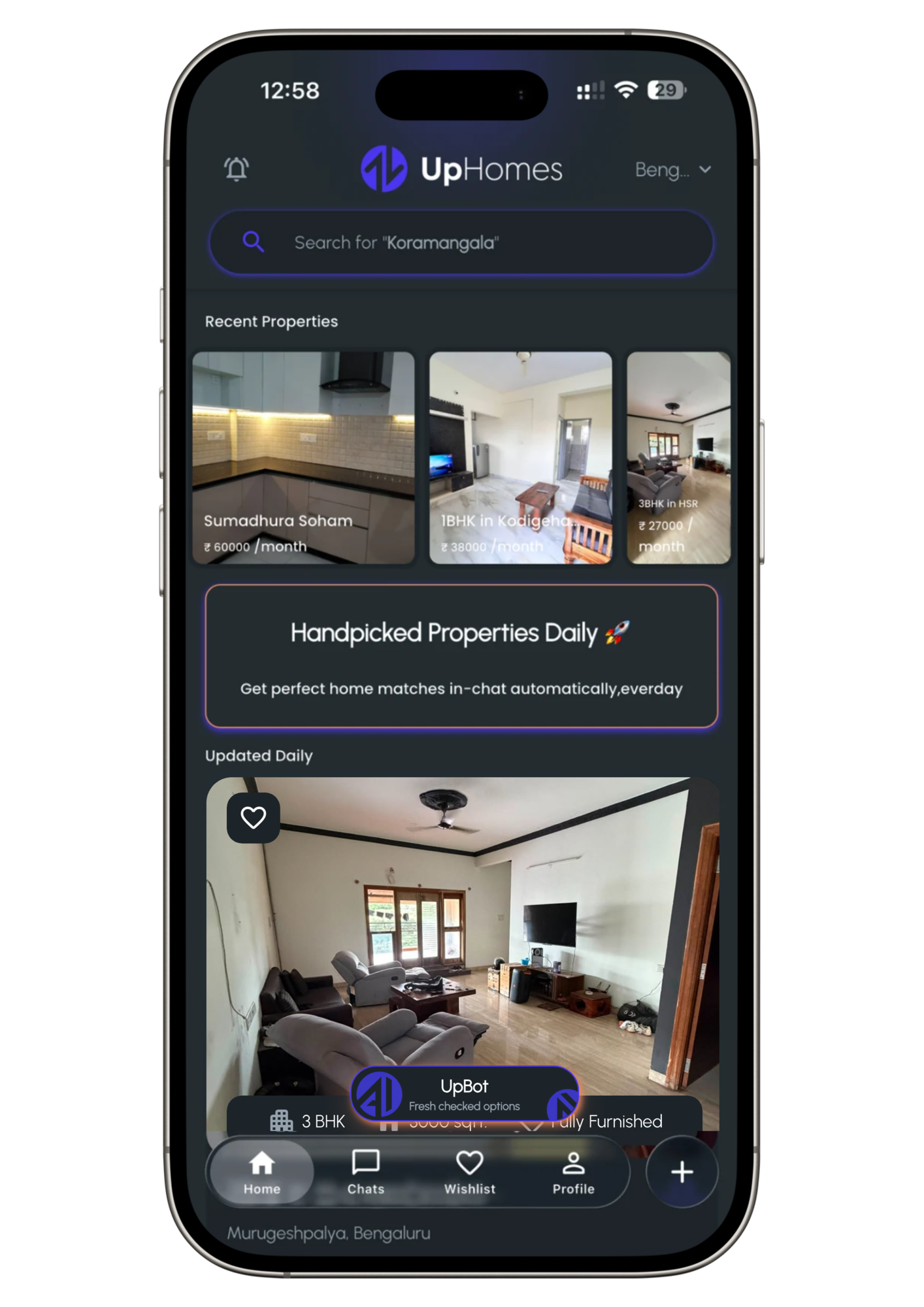 UpHomes app home screen