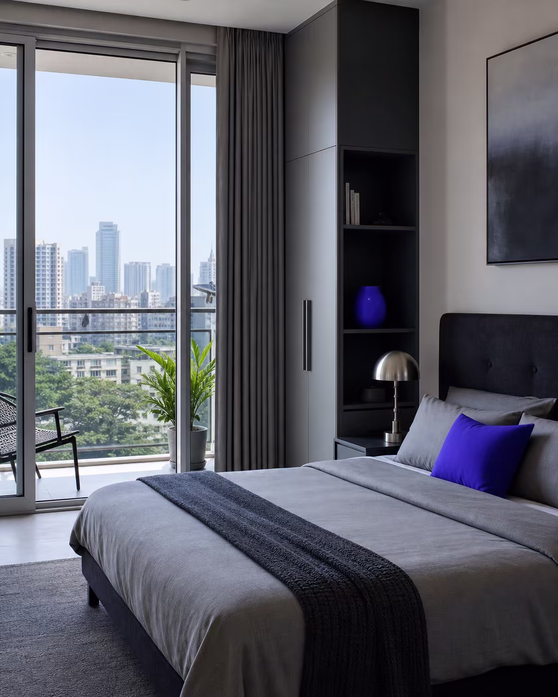 Cool grey rental bedroom with a balcony